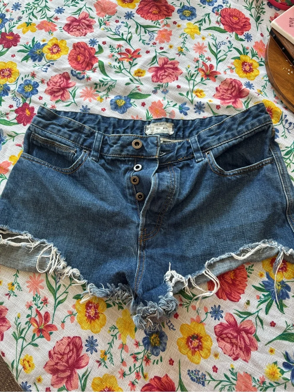 Free People Medium Blue Distressed Button-Fly Denim Shorts